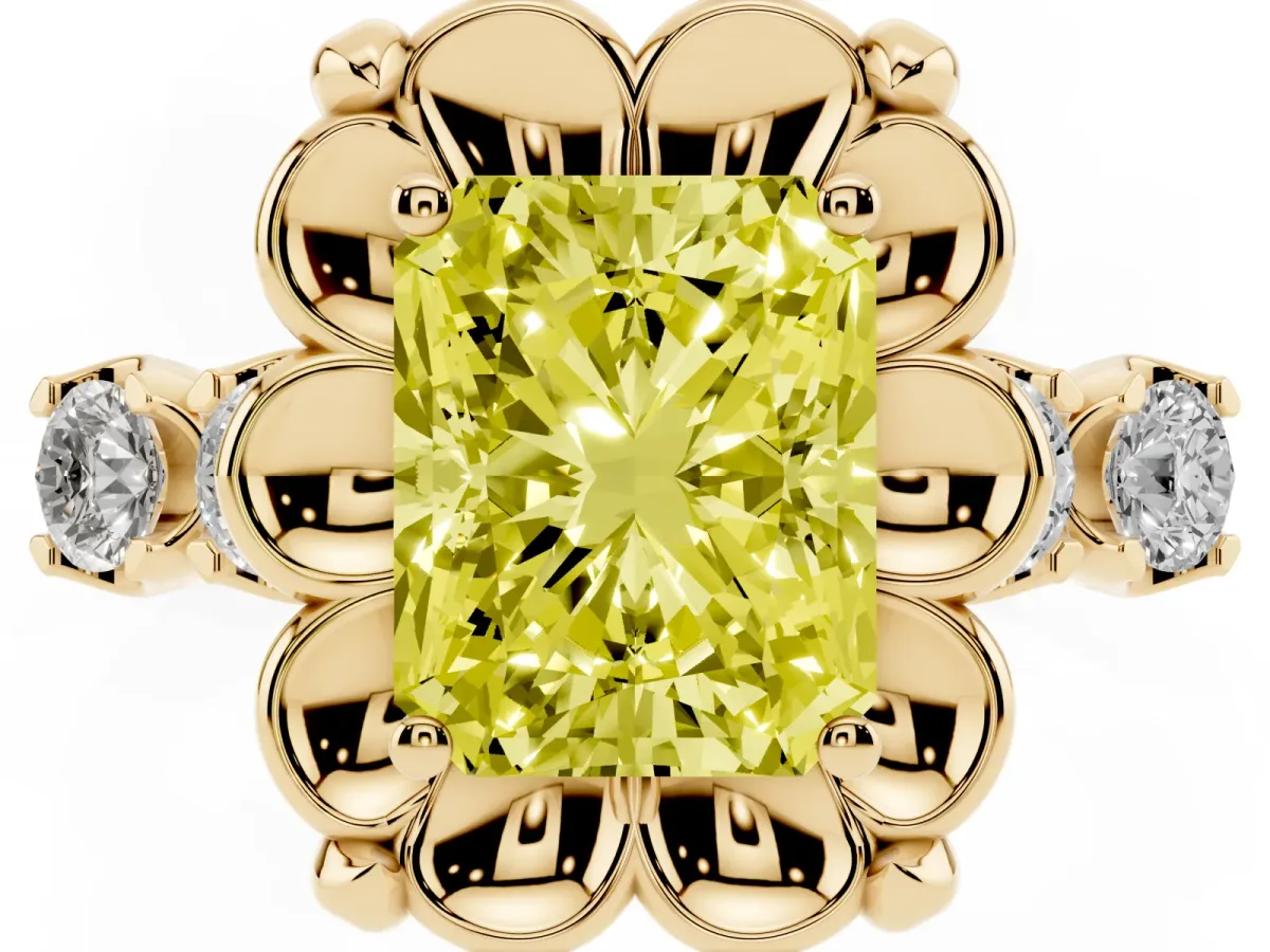Fancy Yellow Radiant Cut Cut Diamond Floral Halo Engagement Ring with Shared Prong Setting Yellow gold