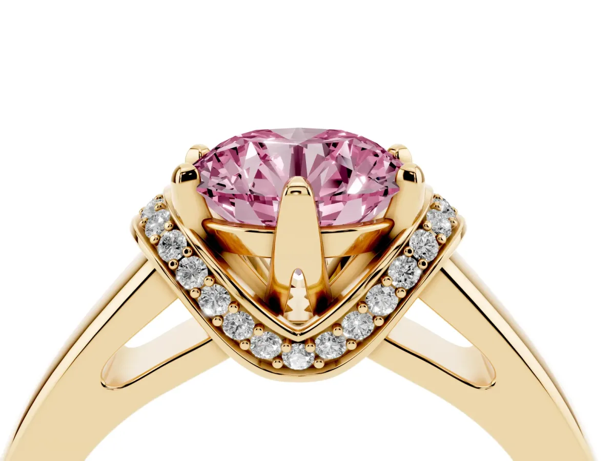 Fancy Pink Round Cut Solitaire Diamond Ring with Pave Band and Six-Prong Setting Yellow gold