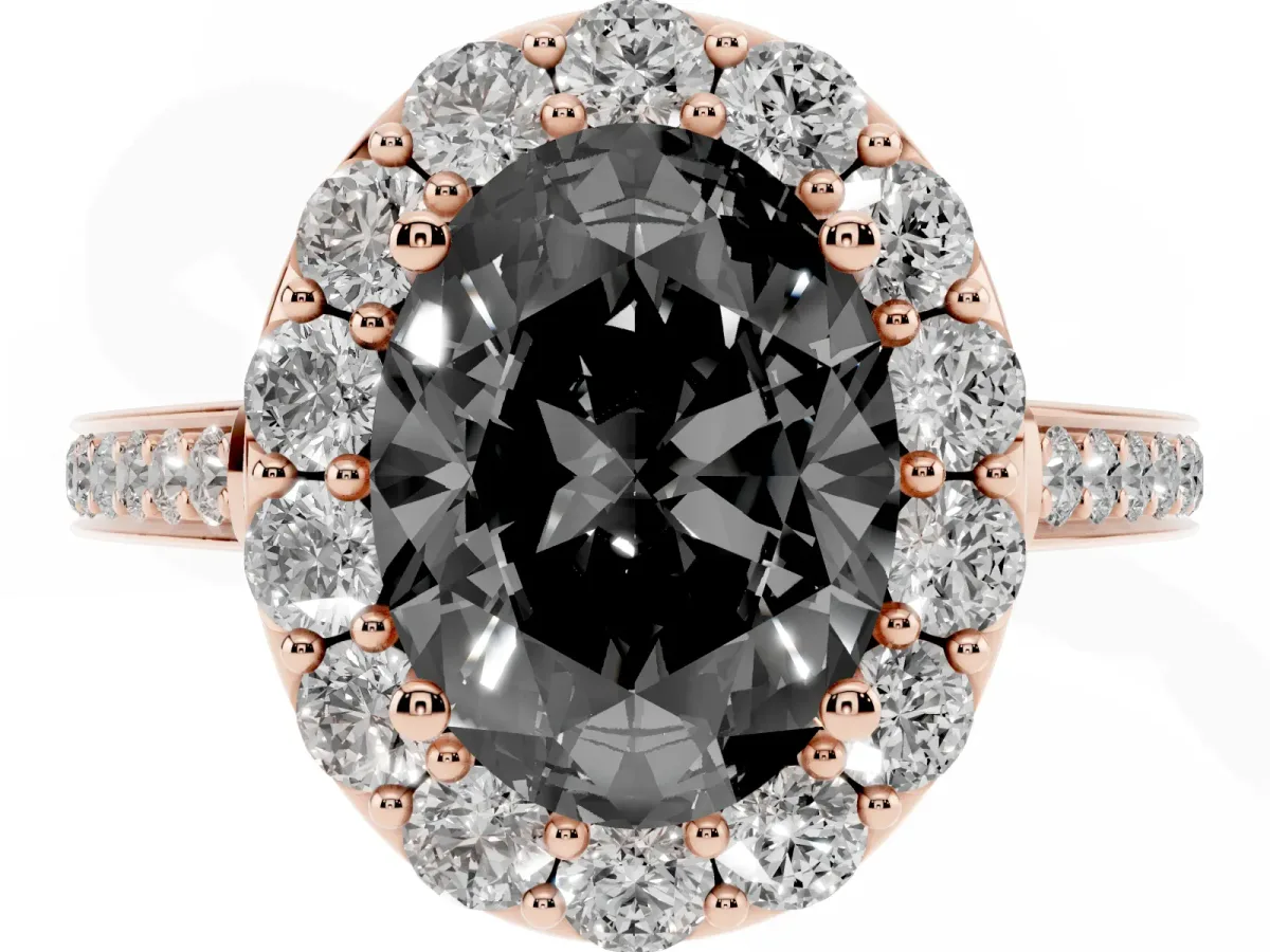 Fancy Black Oval Cut Diamond Floral Halo Ring with Pavé Band and Prong Setting Rose gold