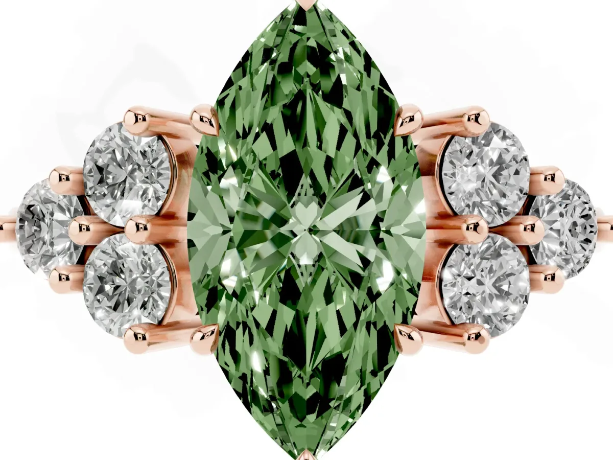 Fancy Green Marquise Cut Brilliant Diamond Cluster Accent Solitaire Ring with Prong Setting Rose gold