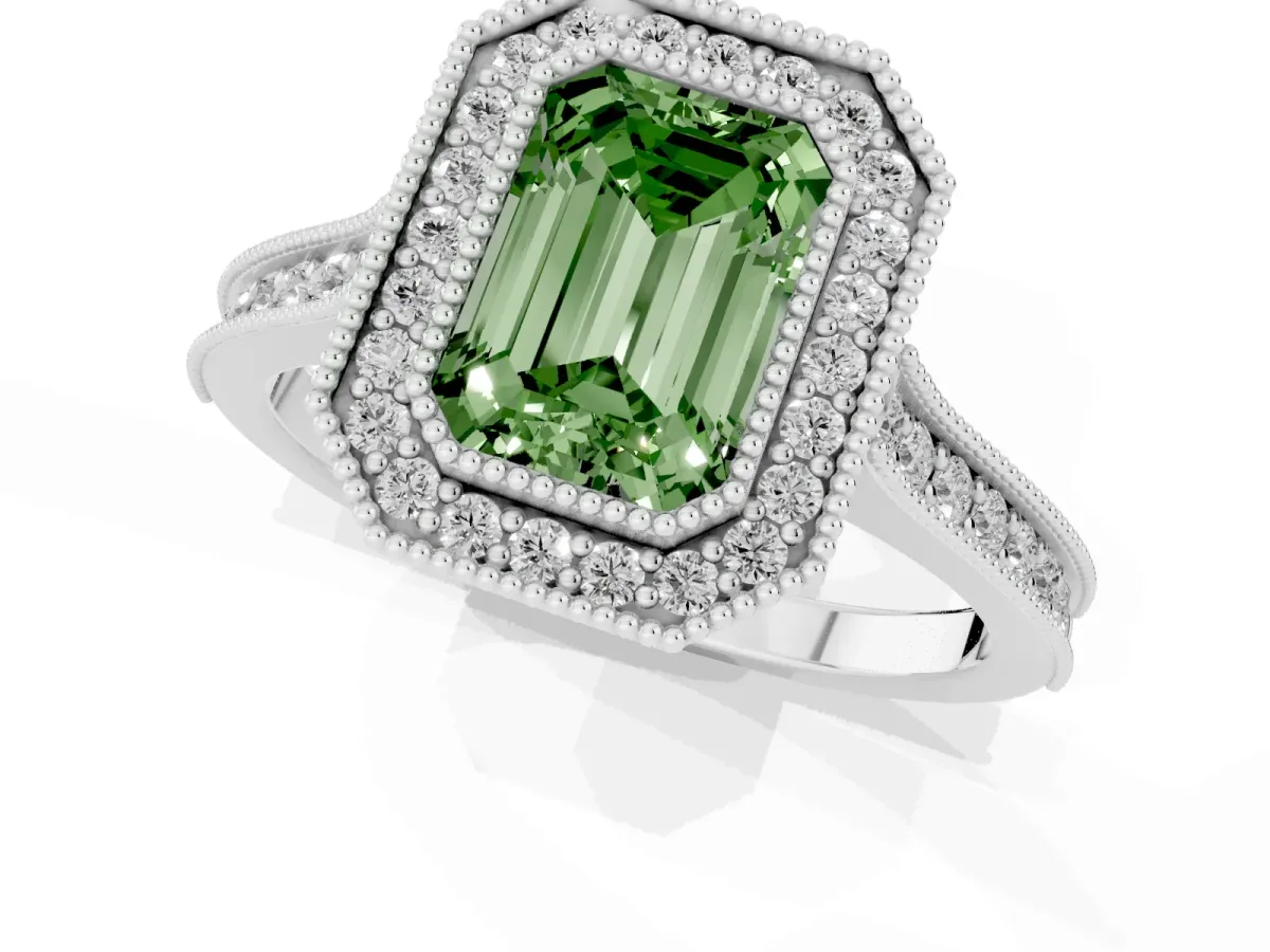 Fancy Green Halo Emerald Cut-Cut Diamond Pave Band Milgrain Prong Setting Ring Silver