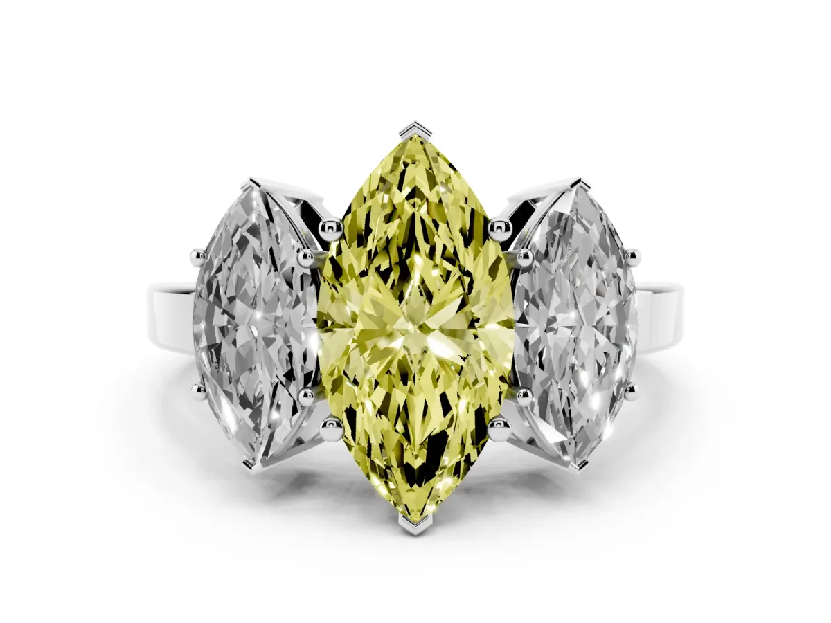Fancy Yellow Three-Stone Marquise Cut Cut Diamond Engagement Ring with Flat Band and Four-Prong Setting Silver