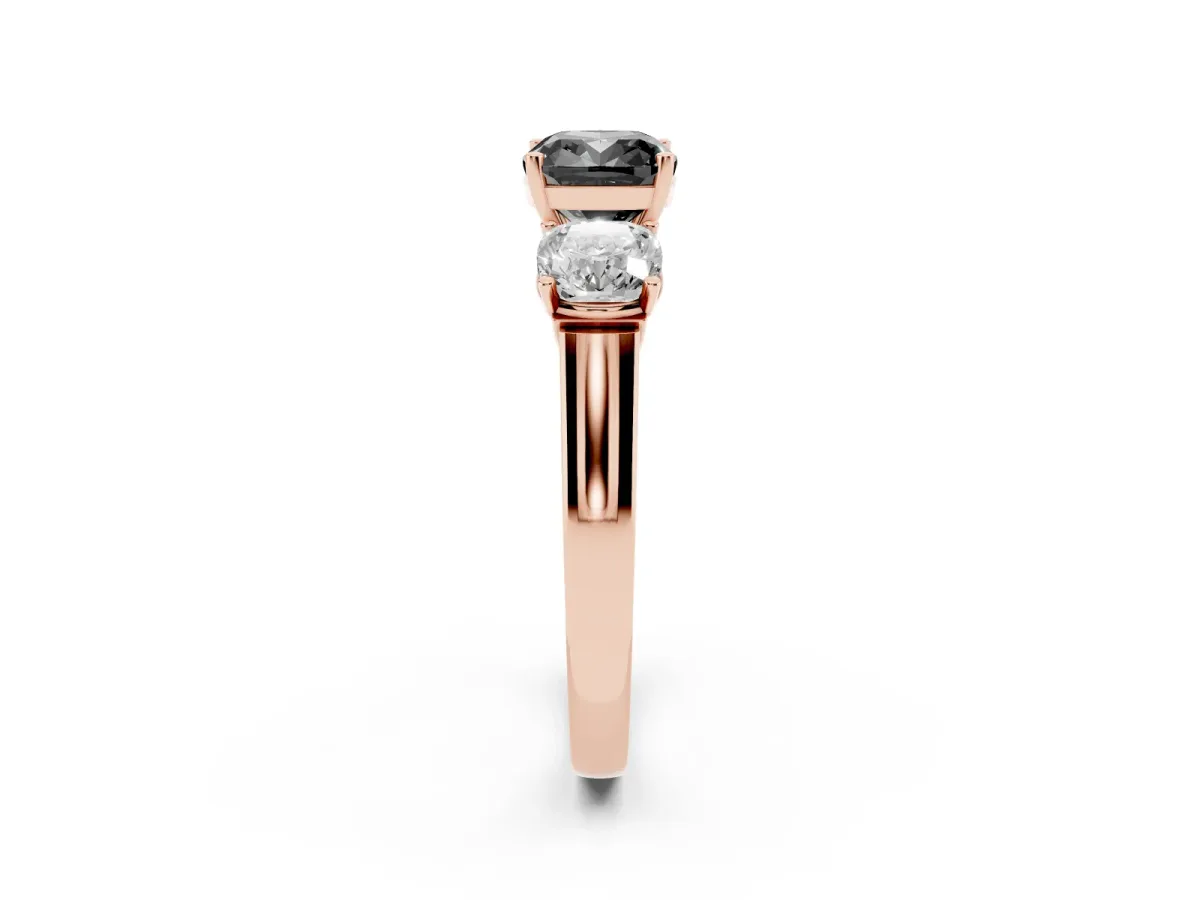 Fancy Black Three-Stone Cushion Cut Brilliant Diamond Trellis Ring with Comfort Fit Band Rose gold