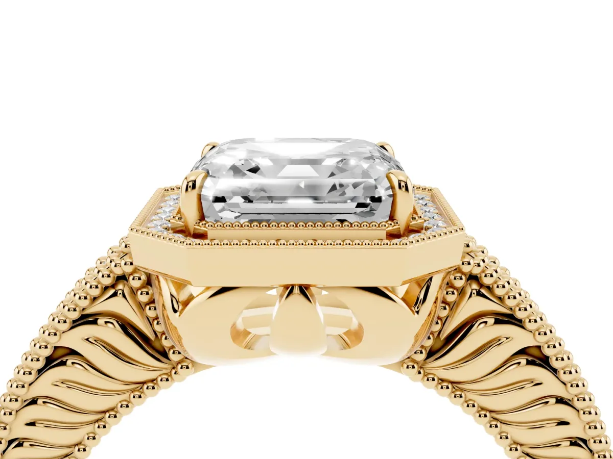 Asscher Cut Cut Halo Diamond Ring with Pavé Band and Four-Prong Setting Yellow gold