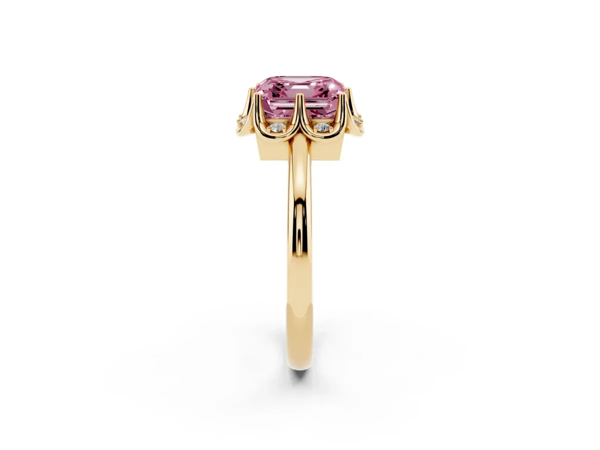 Fancy Pink Asscher Cut Halo Diamond Ring with Round Cluster Setting, Solitaire Band, and Four-Prong Setting Yellow gold