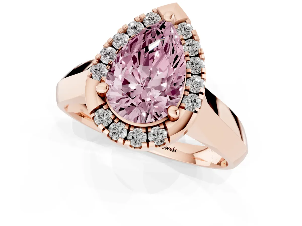 Fancy Pink Pear Cut Cut Halo Solitaire Engagement Ring with Square Band and Four-Prong Setting Rose gold
