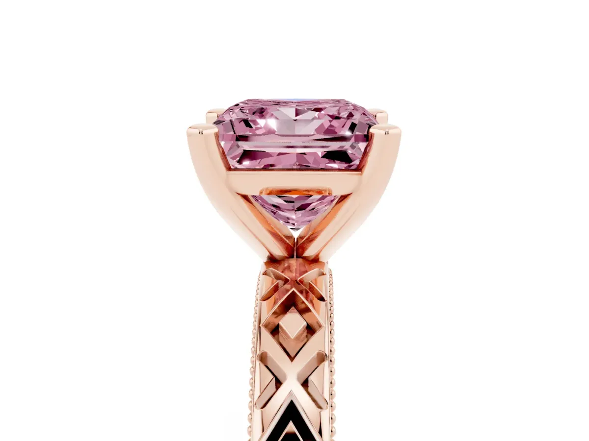 Fancy Pink Princess Cut Solitaire Diamond Ring with Milgrain and Black Enamel X Pattern Band Rose gold