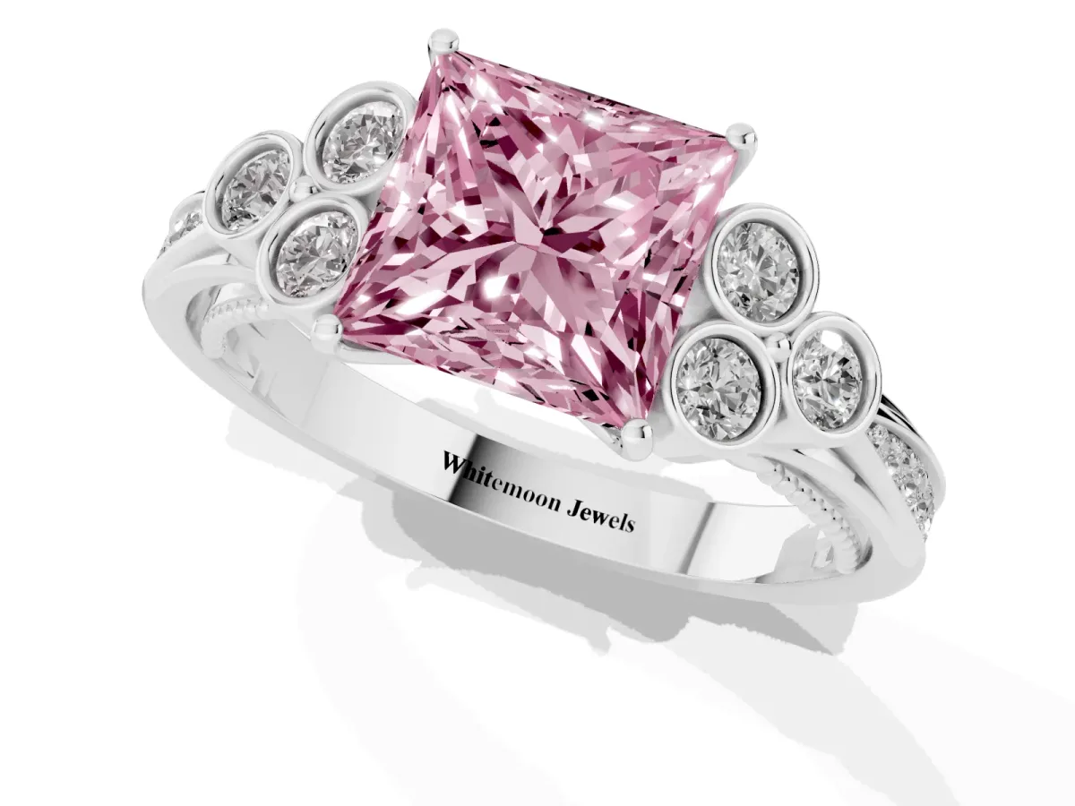 Fancy Pink Princess Cut Cut Diamond Engagement Ring with Bezel Set Round Side Stones and Prong Setting Silver