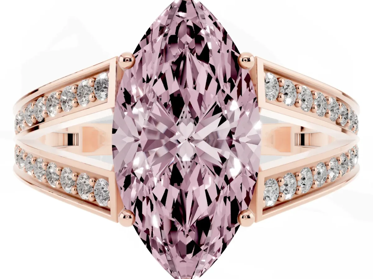 Fancy Pink Marquise Cut Diamond Split Shank Ring with Pavé Band and Four-Prong Setting Rose gold
