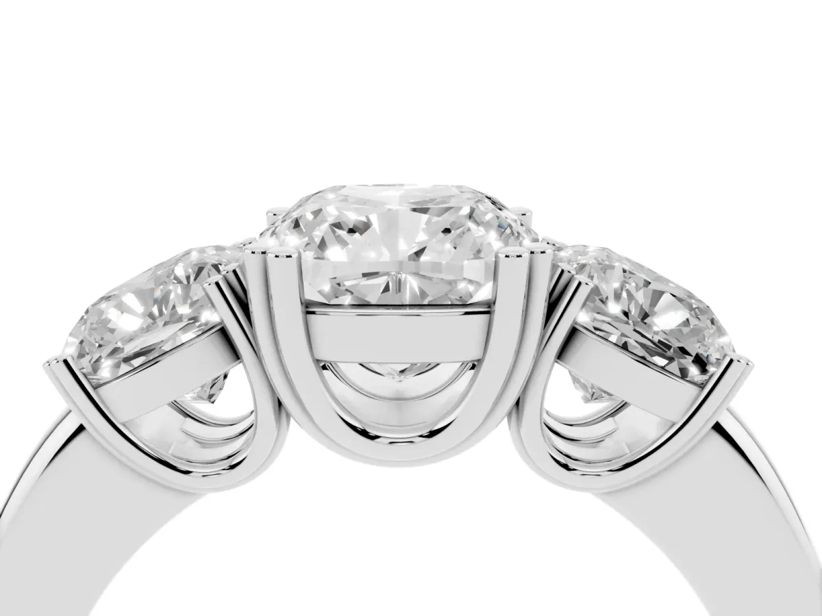 Three-Stone Cushion Cut Cut Diamond Ring with Channel Set Band and Four-Prong Setting Silver