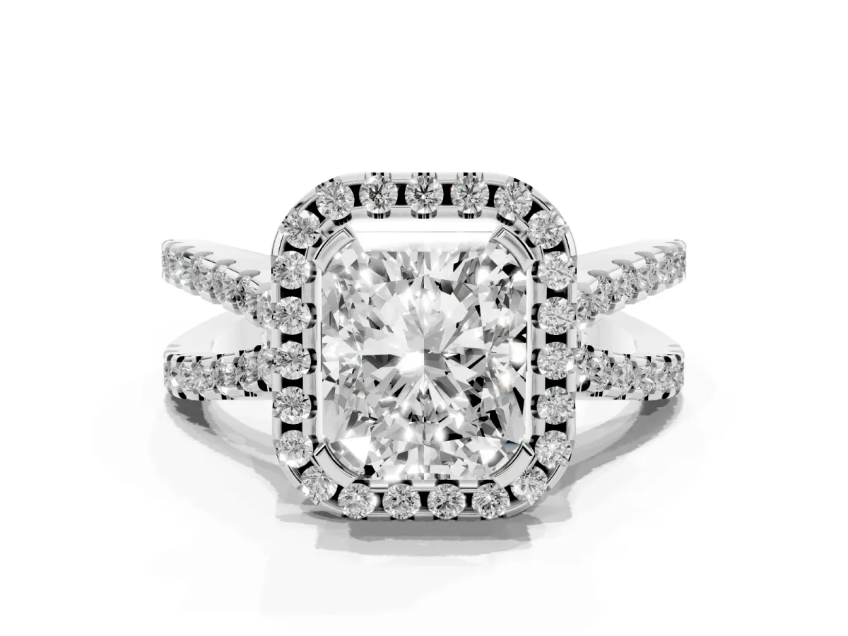 Radiant Cut Diamond Halo Ring with Split Shank Pavé Band and Prong Setting Silver