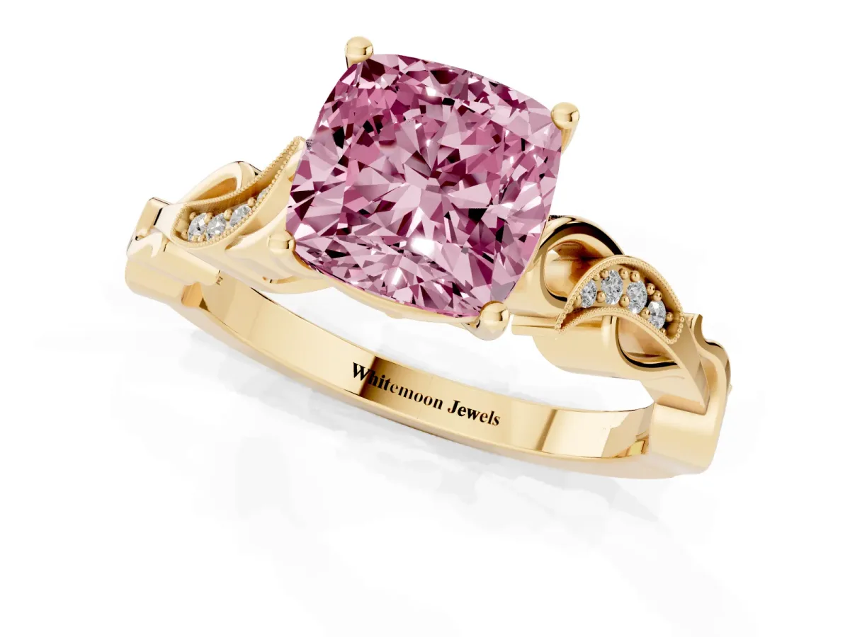Fancy Pink Cushion Cut Solitaire Vine Band with Milgrain Prong Setting Yellow gold