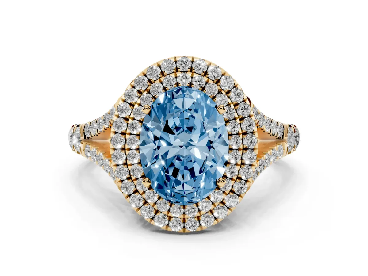 Fancy Blue Oval Cut Diamond Pavé Split Shank Double Halo Engagement Ring Yellow gold