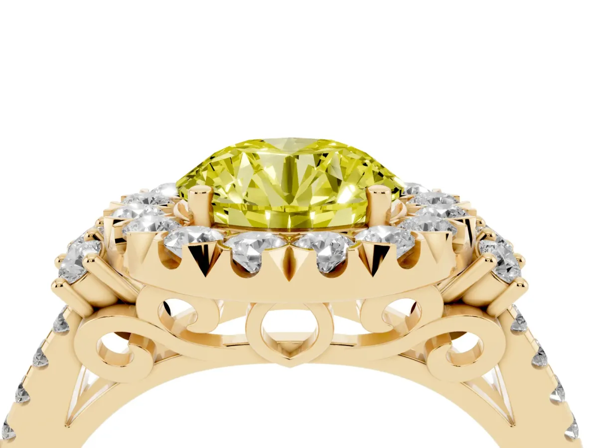Fancy Yellow Round Cut Cut Double Halo Diamond Engagement Ring with Pave Band and Four-Prong Setting Yellow gold