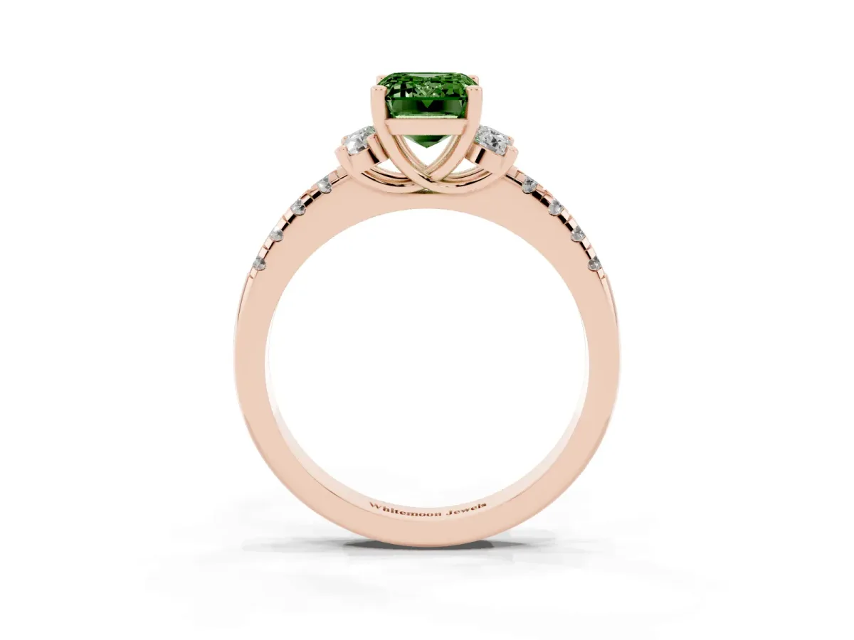 Fancy Green Emerald Cut Diamond Three-Stone Pave Band with Four-Prong Setting Rose gold