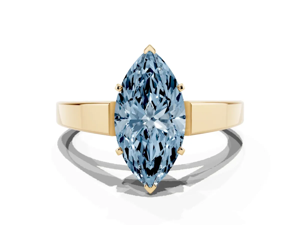 Fancy Blue Marquise Cut Solitaire Engagement Ring with Four-Prong Setting and Tapered Band Yellow gold