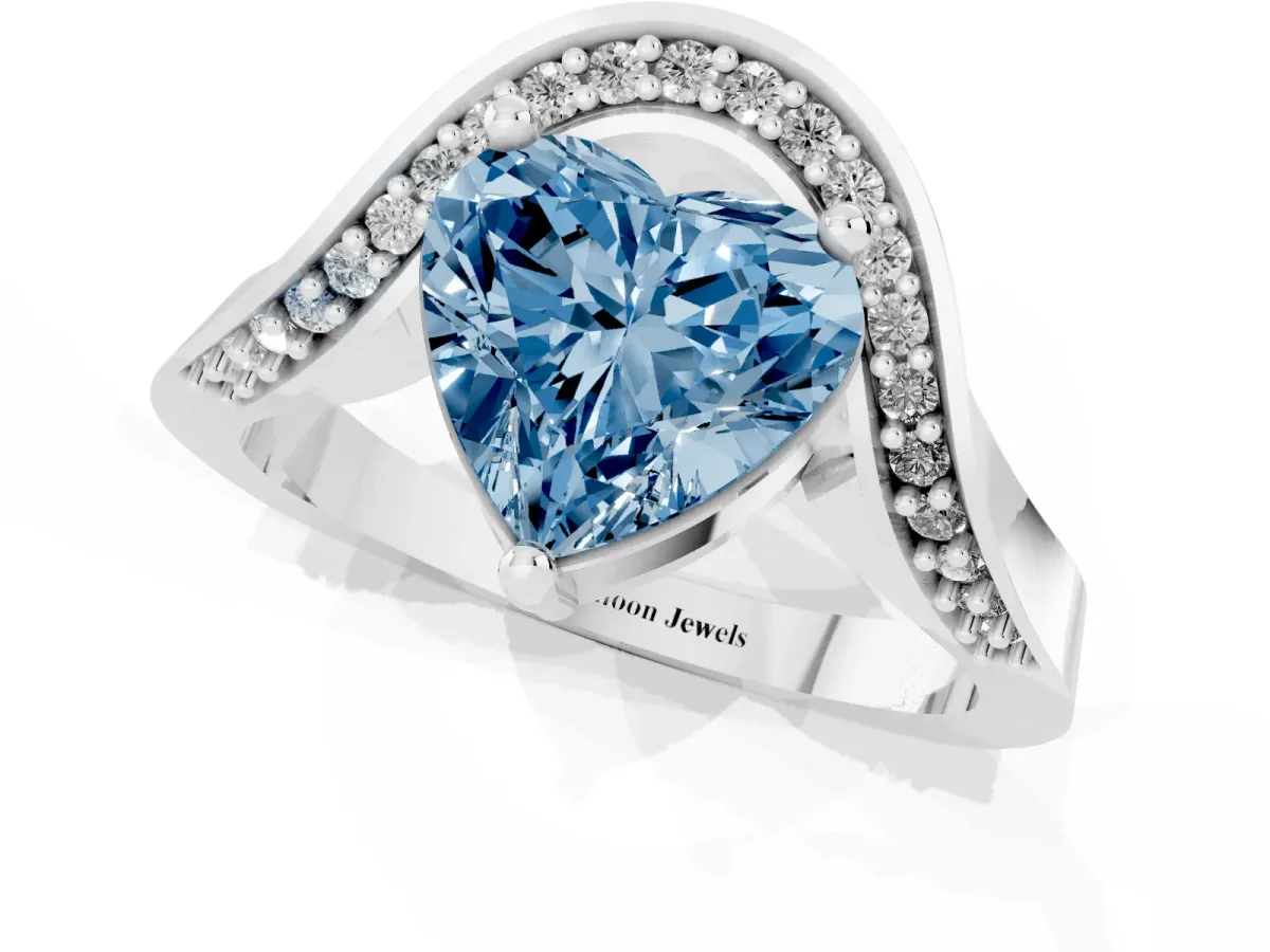 Fancy Blue Heart Cut Solitaire Diamond Engagement Ring with Pave Band and Four-Prong Setting Silver