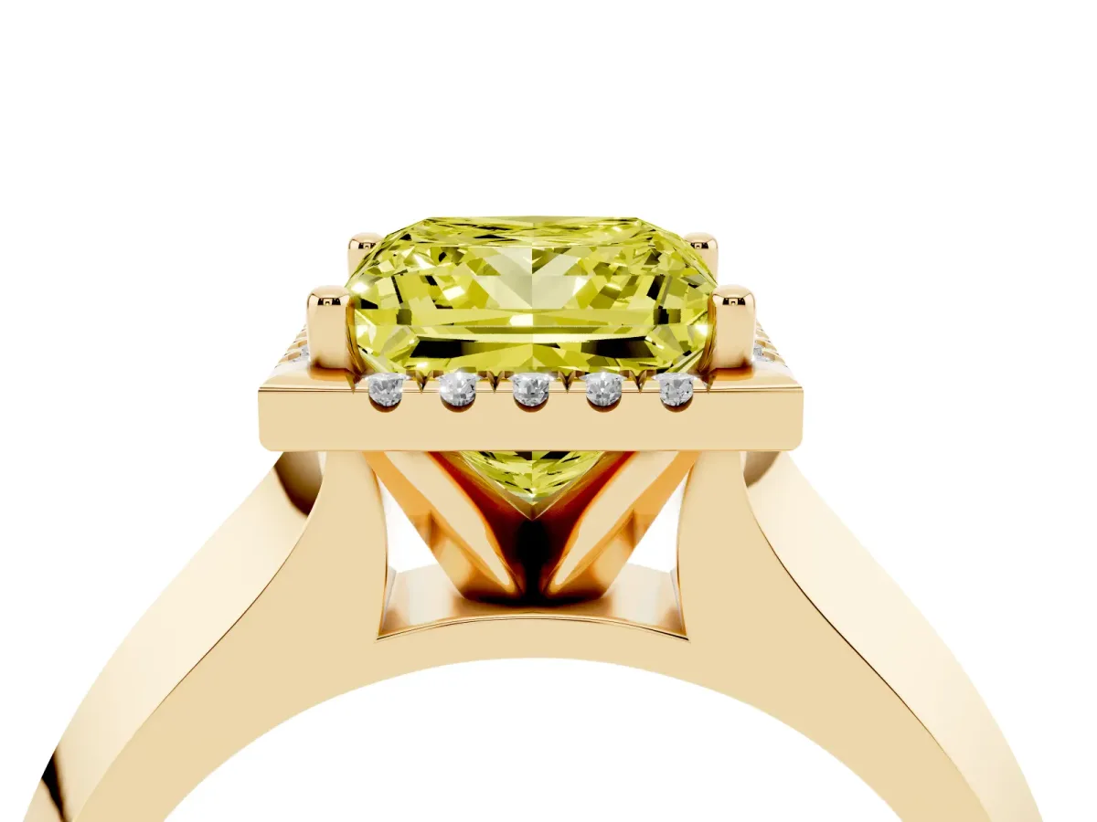 Fancy Yellow Princess Cut Halo Diamond Ring with Cathedral Band and Four-Prong Setting Yellow gold