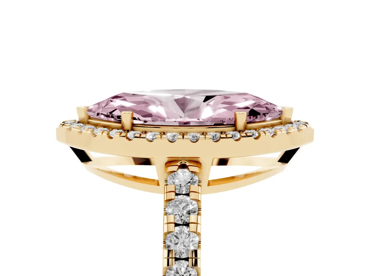 Fancy Pink Marquise Cut Diamond Halo Ring with Pavé Band and Four-Prong Setting Yellow gold