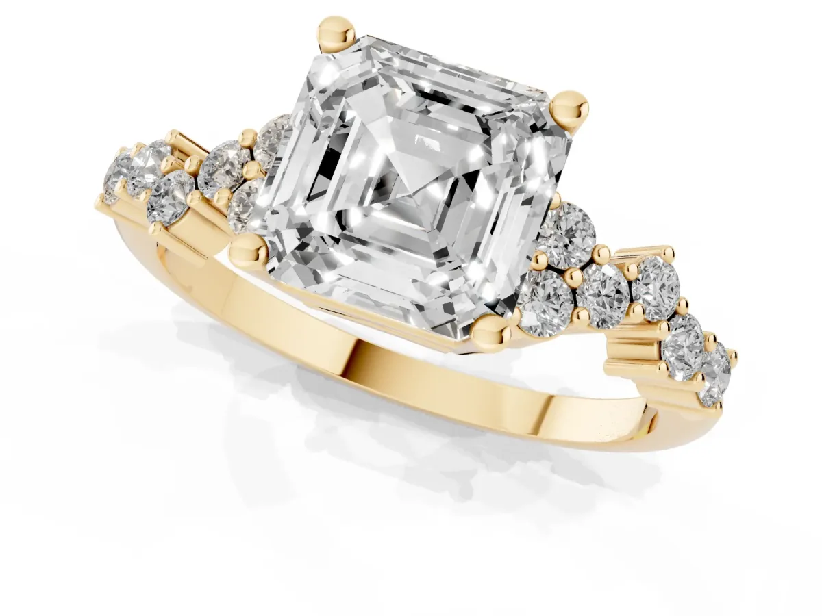 Asscher Cut Diamond Scattered Round Accent Ring with Prong Setting Yellow gold