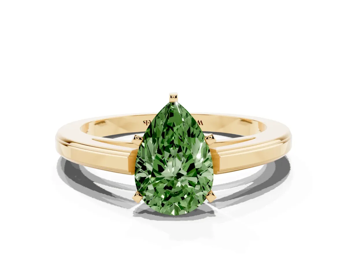 Fancy Green Pear Cut Solitaire Diamond Ring with Four-Prong Setting and Classic Band Yellow gold