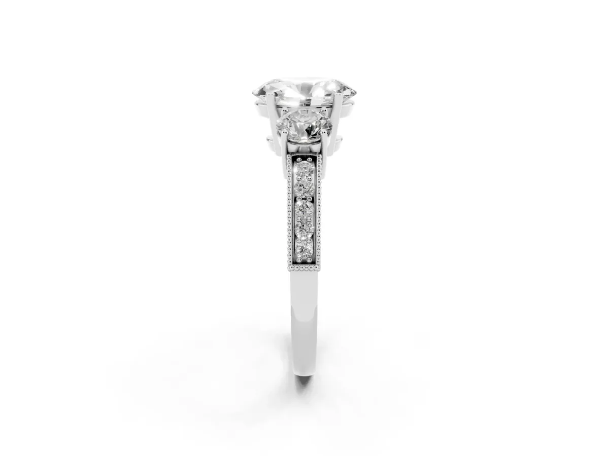 Oval Cut Three-Stone Diamond Ring with Pavé Band and Four-Prong Setting Silver
