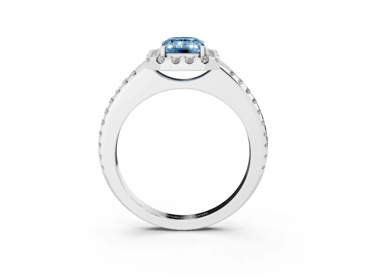 Fancy Blue Emerald Cut Diamond Pavé Halo Ring with Four-Prong Setting White gold