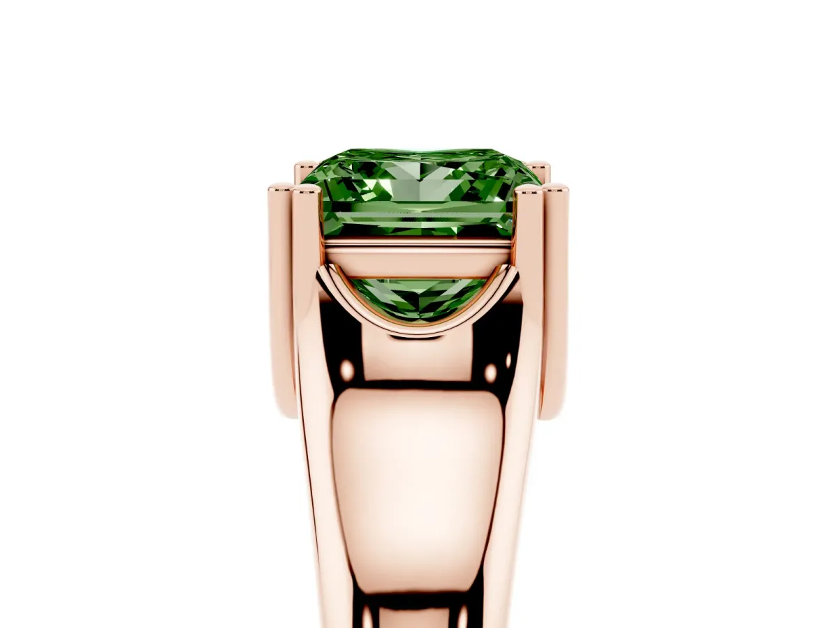 Fancy Green Princess Cut Diamond Solitaire Ring with Wide Band and Prong Setting Rose gold