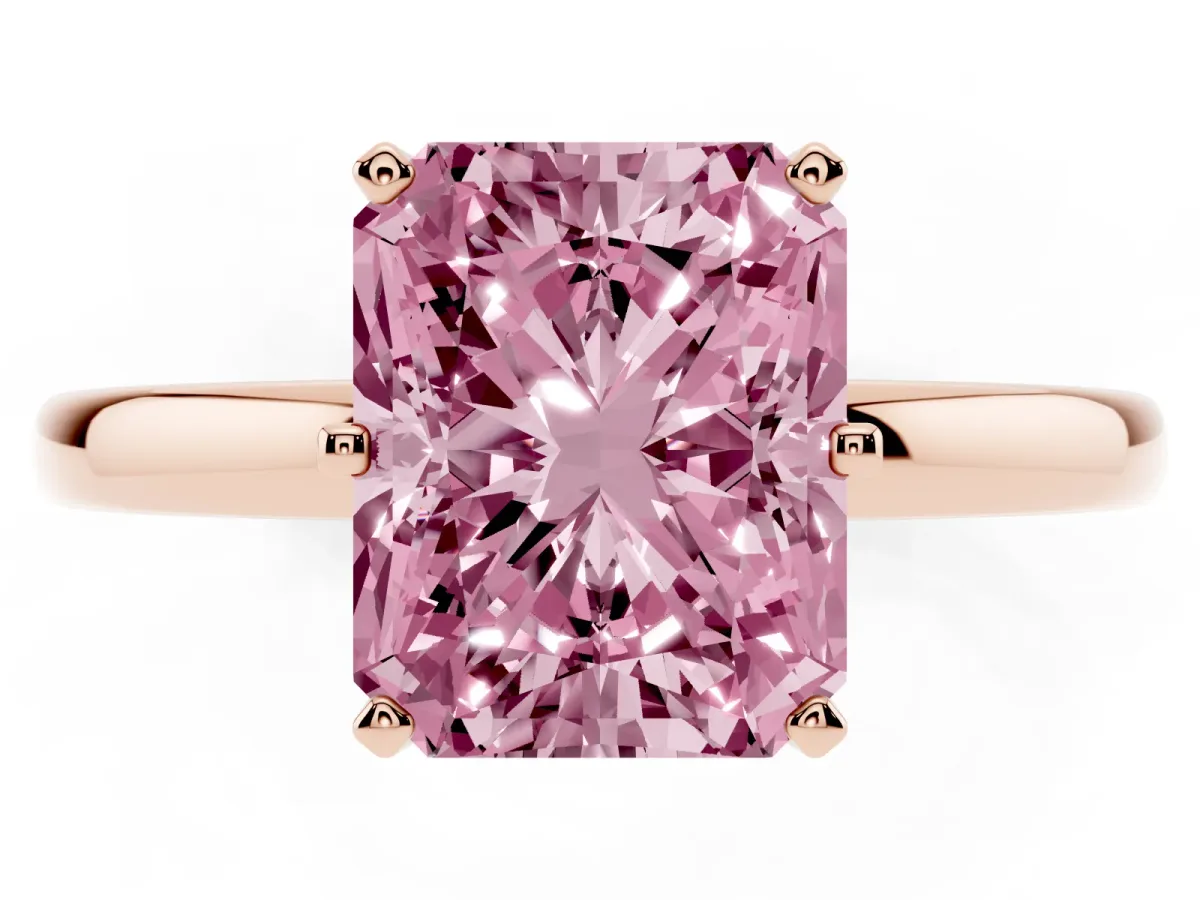 Fancy Pink Radiant Cut Solitaire Diamond Ring with Six-Prong Setting on a Classic Band Rose gold
