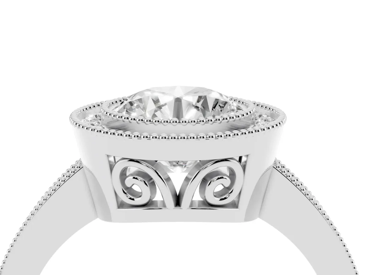 Round Cut Cut Halo Diamond Ring with Pavé Band and Milgrain Prong Setting Silver