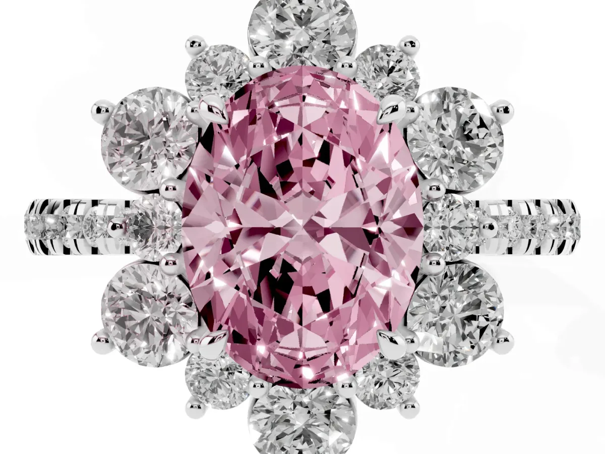 Fancy Pink Oval Cut Diamond Floral Halo Ring with Round Pavé Band and Prong Setting Silver