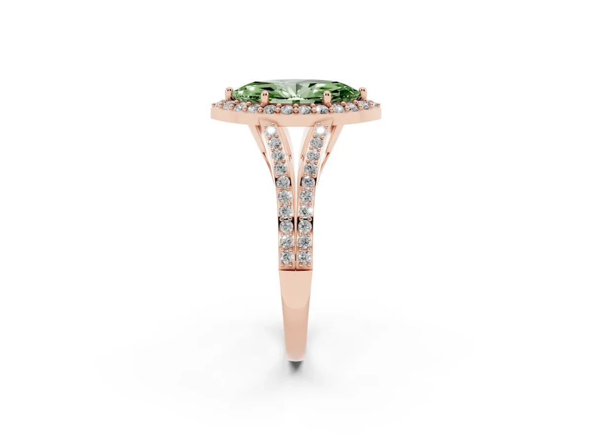 Fancy Green Marquise Cut Halo Split Shank Diamond Ring with Prong Setting Rose gold
