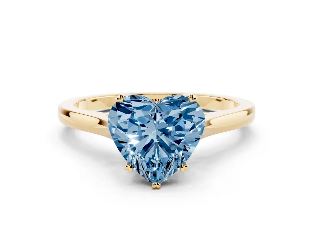 Fancy Blue Heart Cut Solitaire Heart Prong Engagement Ring with Tapered Band Yellow gold
