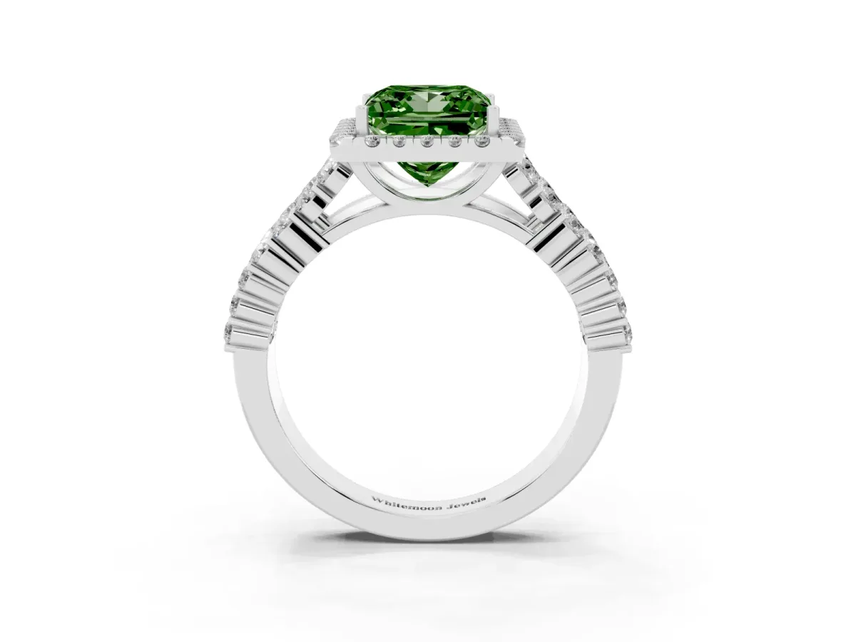 Fancy Green Princess Cut Diamond Halo Engagement Ring with Triple Row Round Pavé Band and Prong Setting Silver