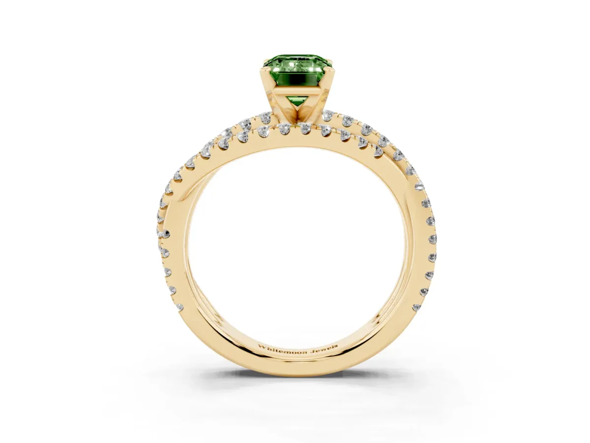Fancy Green Emerald Cut Solitaire Twist Band with Pavé Setting and Four-Prong Setting Yellow gold