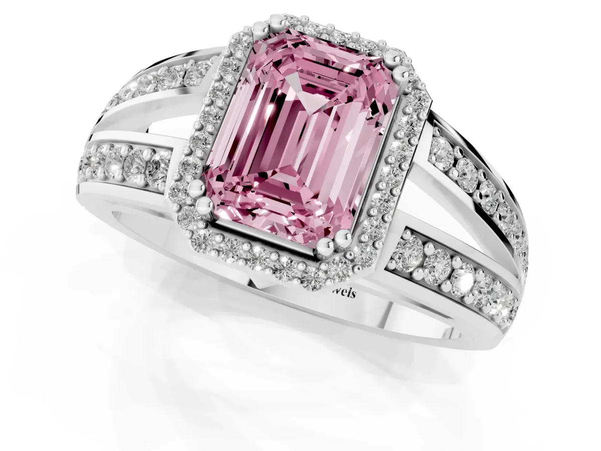 Fancy Pink Emerald Cut Diamond Halo Ring with Split Shank Pavé Band and Four-Prong Setting White gold