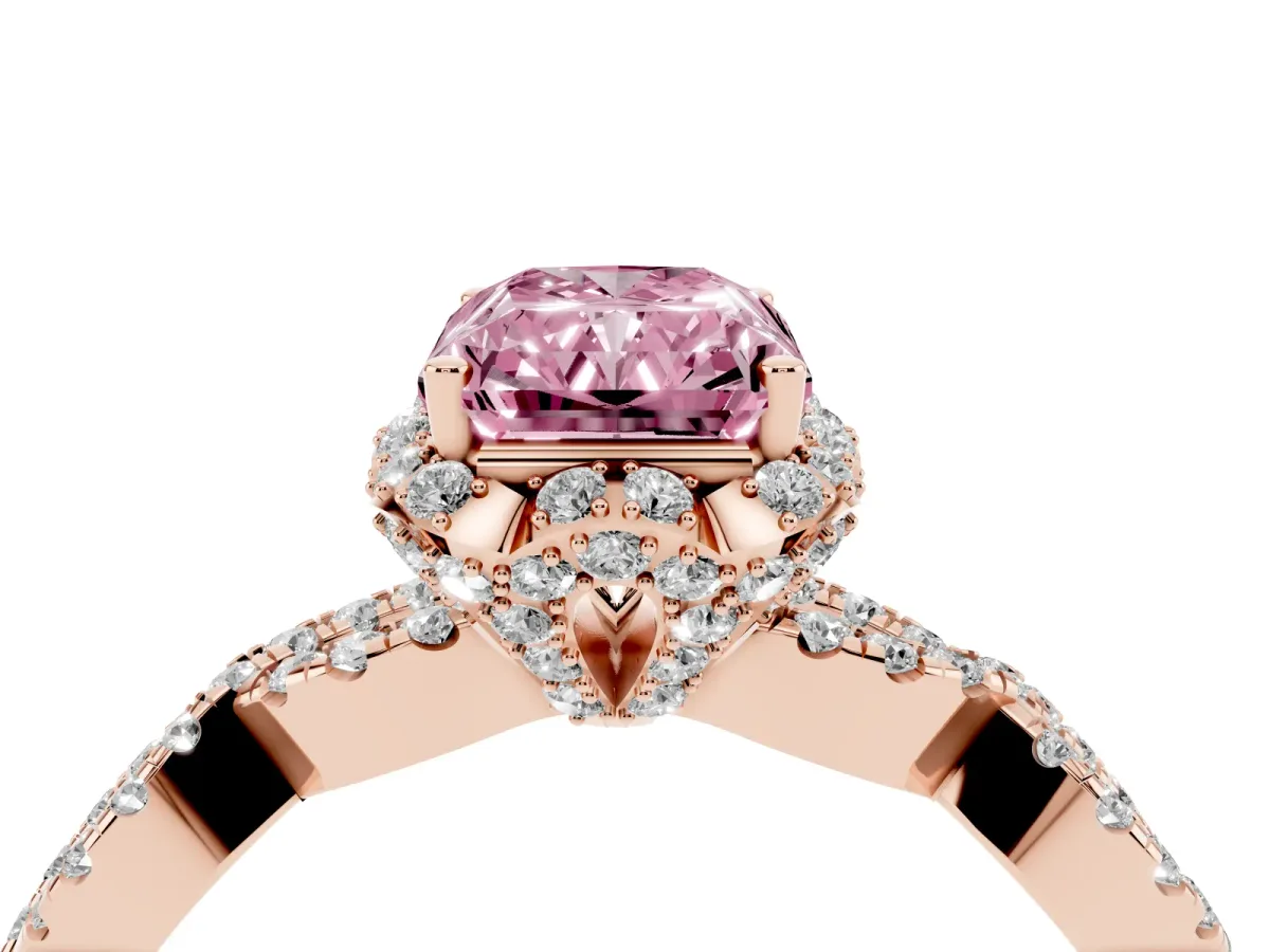 Fancy Pink Radiant Cut Halo Twist Band Solitaire Ring with Six-Prong Setting Rose gold