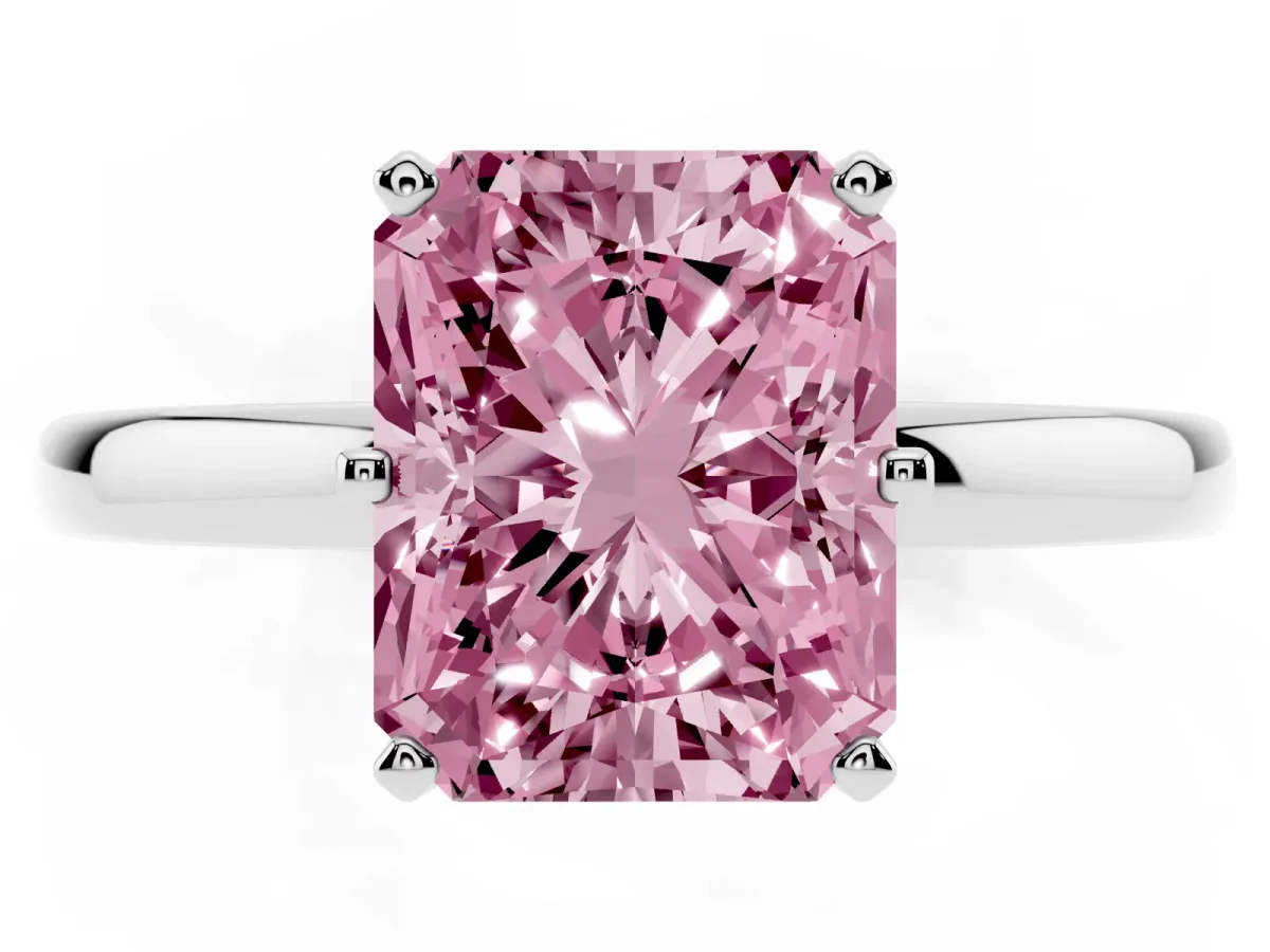 Fancy Pink Radiant Cut Solitaire Diamond Ring with Six-Prong Setting on a Classic Band Silver