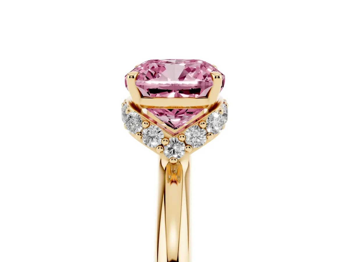 Fancy Pink Cushion Cut Brilliant Solitaire Engagement Ring with Six-Prong Setting and Classic Band Yellow gold