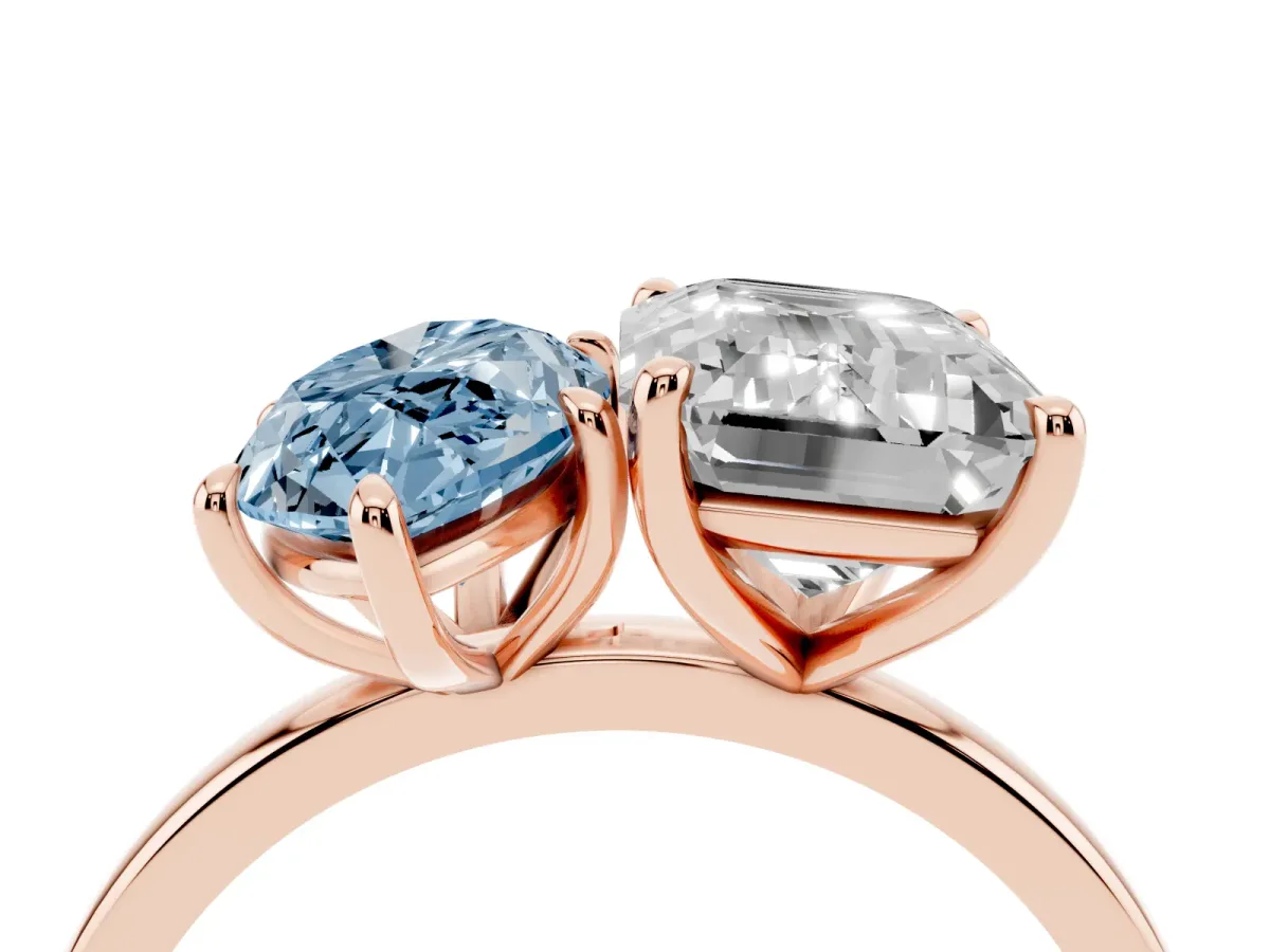 Fancy Blue Marquise Cut and Emerald Cut Toi Moi Ring with Prong Setting Rose gold