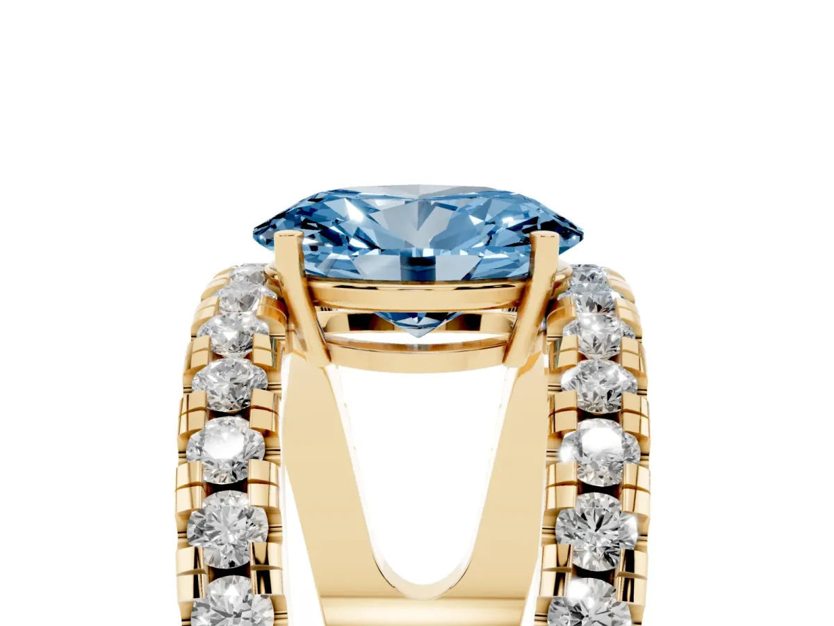Fancy Blue Oval Cut Solitaire Split Shank Pave Diamond Ring Yellow gold