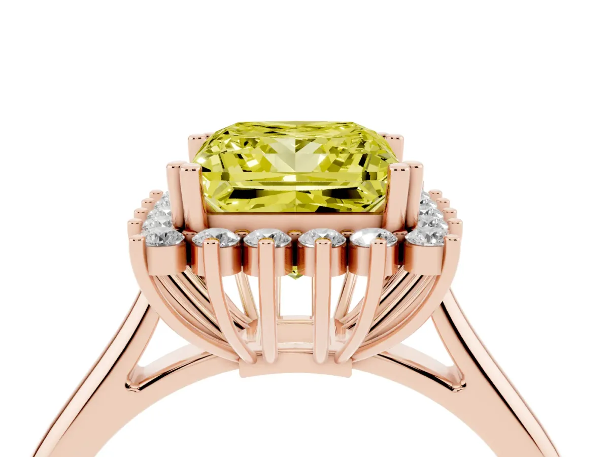 Fancy Yellow Princess Cut Cut Diamond Halo Ring with Solitaire Band and Prong Setting Rose gold