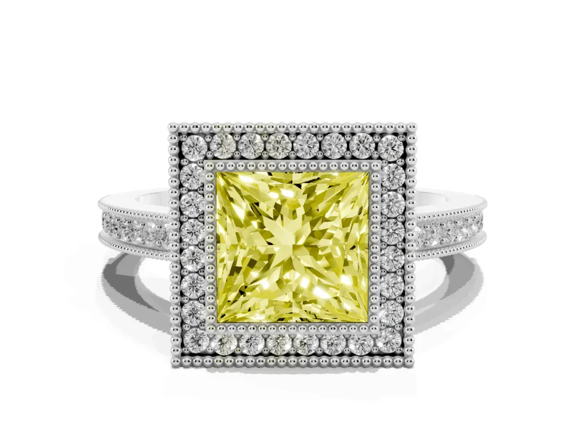 Fancy Yellow Princess Cut Cut Halo Diamond Ring with Pavé Band and Milgrain Prong Setting White gold