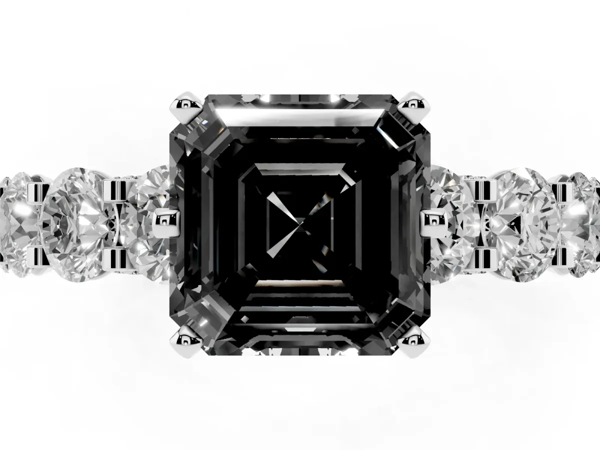 Fancy Black Asscher Cut Diamond Side Stone Engagement Ring with Four-Prong Setting Platinum