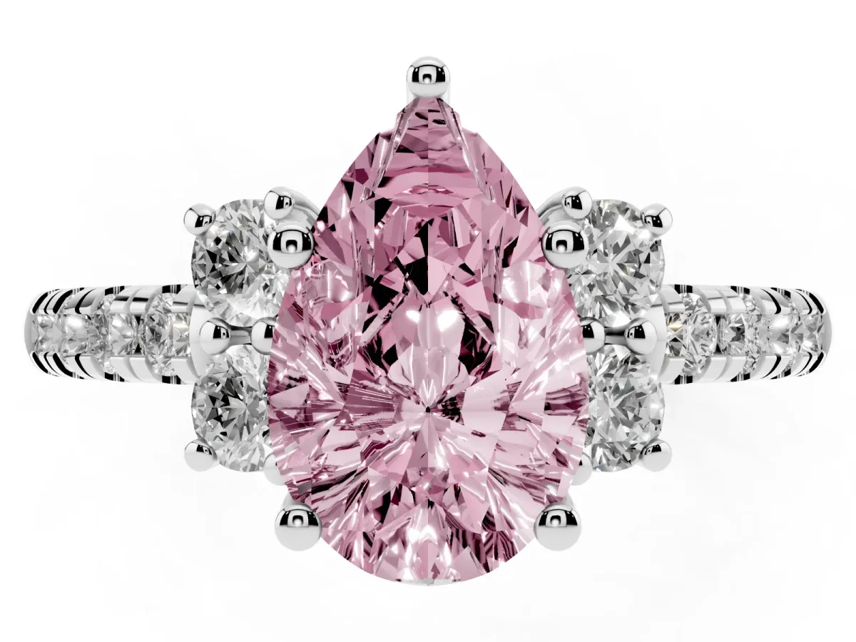 Fancy Pink Pear Cut Diamond Three-Stone Pave Band with Four-Prong Setting Silver