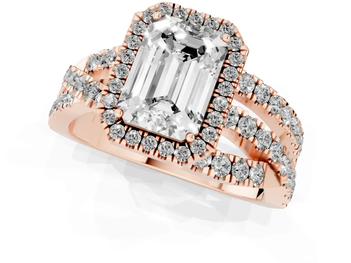 Emerald Cut Diamond Halo Ring with Round Split Shank and Prong Setting Rose gold