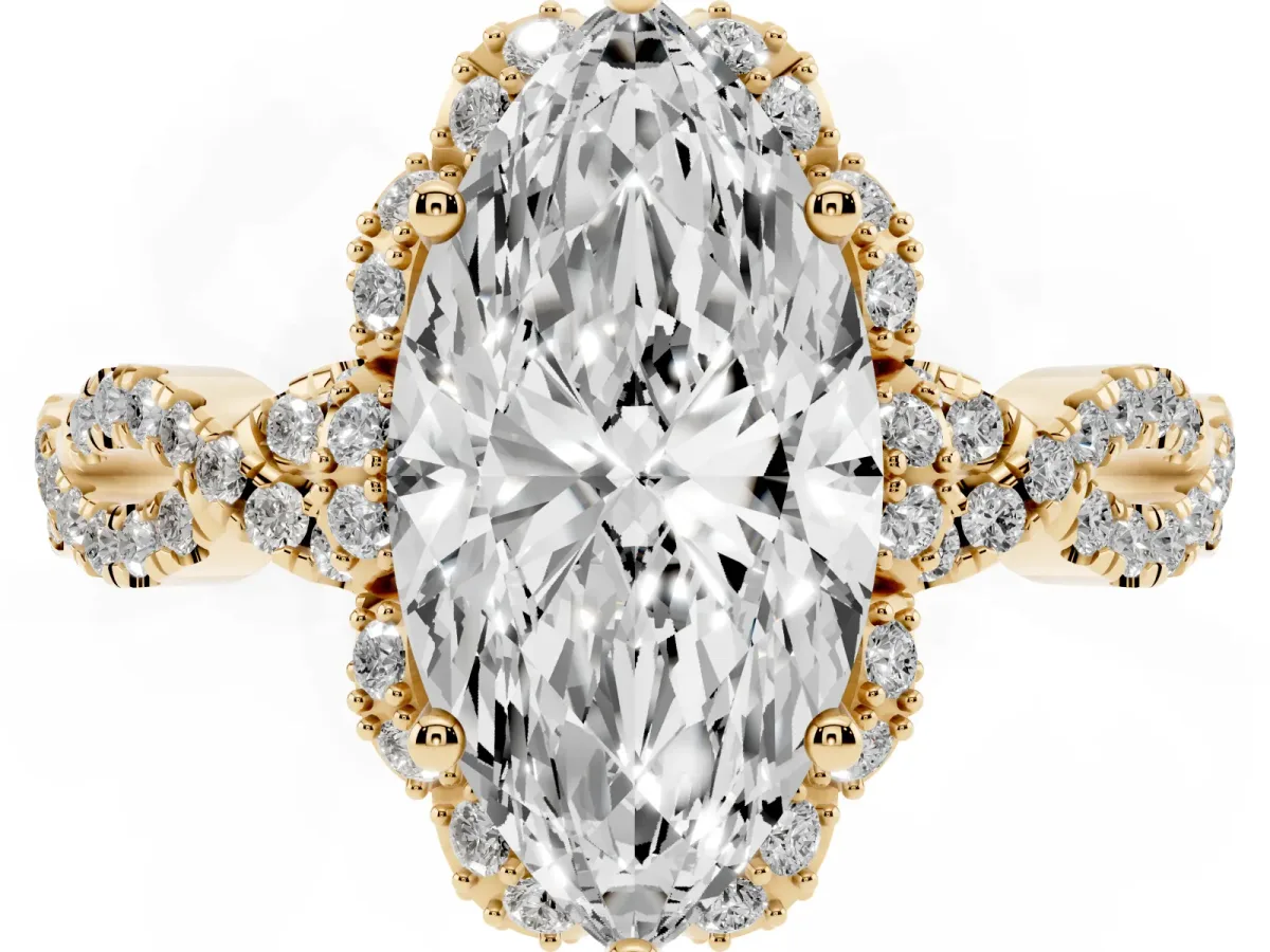 Marquise Cut Halo Twist Band Solitaire Ring with Six-Prong Setting Yellow gold
