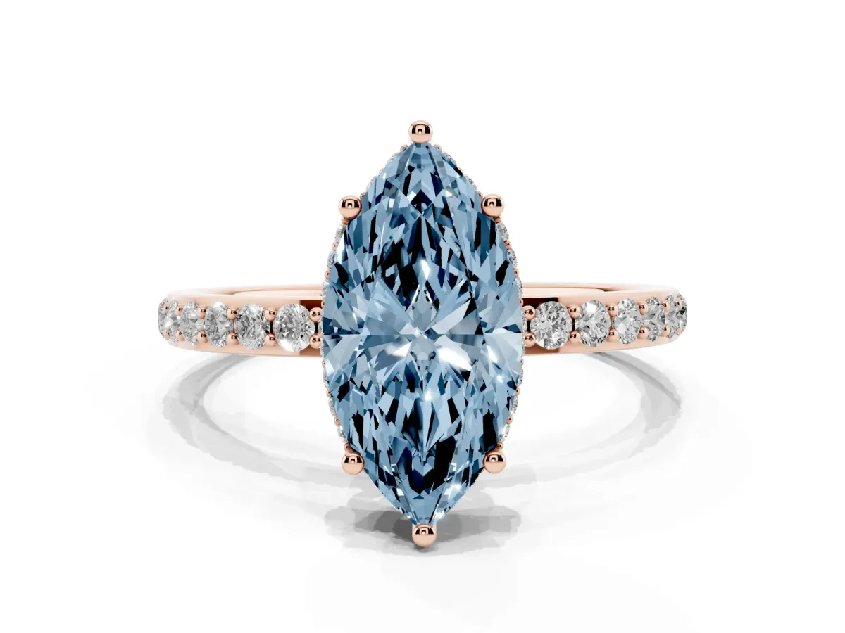 Fancy Blue Marquise Cut Diamond Solitaire Ring with Pavé Band and Hidden Halo Rose gold