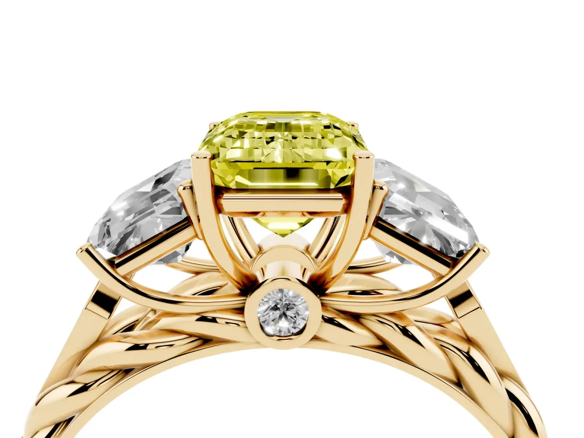Fancy Yellow Three-Stone Emerald Cut Diamond Braided Band Ring with Four-Prong Setting Yellow gold