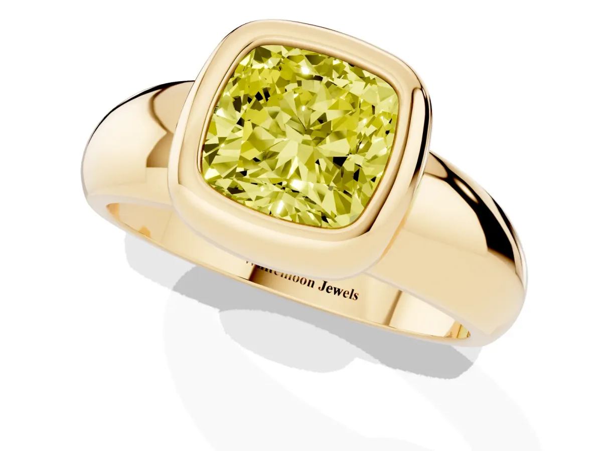 Fancy Yellow Bezel Set Cushion Cut Solitaire Ring with Wide Band Yellow gold